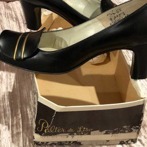 PALTER DE LISO VINTAGE ITALIAN BLACK LEATHER PUMPS WITH GOLD TRIM - ON SALE!